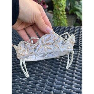 1950s 60s Vintage Bridal Crown Tiara Lace Pearl Sequin Wedding Headpiece
